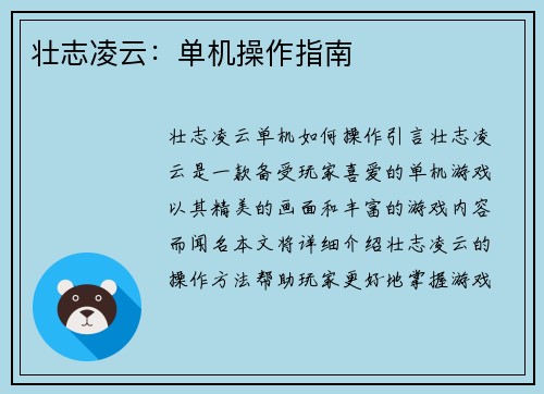 壮志凌云：单机操作指南